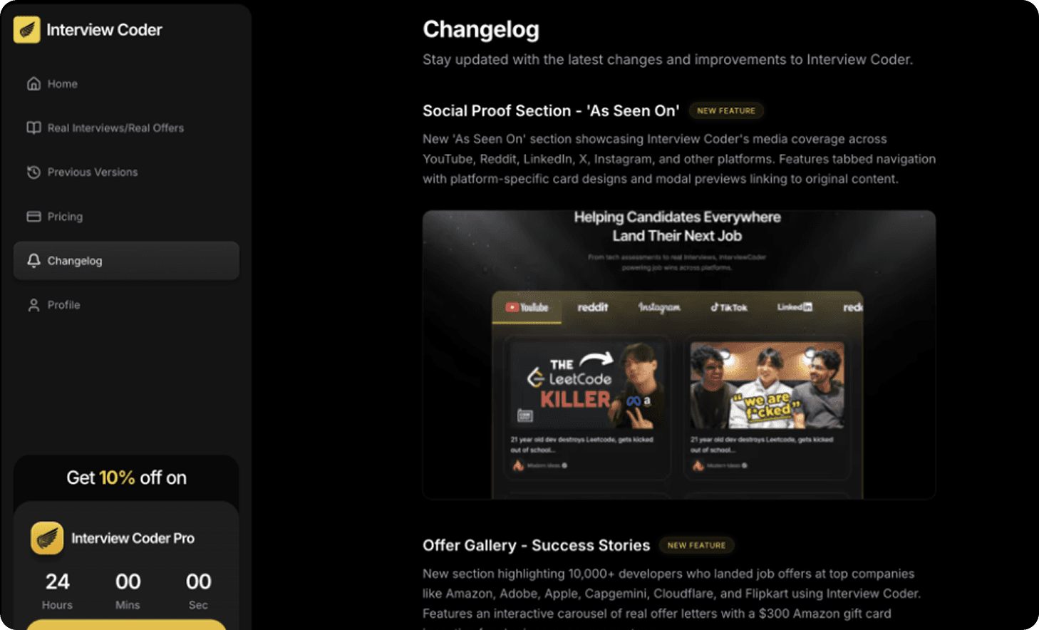 Interview Coder changelog page listing only website content additions (“As Seen On” section, offer gallery) as new features.
